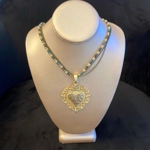 Brand new gold heart, multi-colored beaded necklace, up to 19 inches around